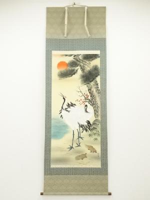 昇陽筆　松竹梅鶴亀　肉筆絹本掛軸（共箱）